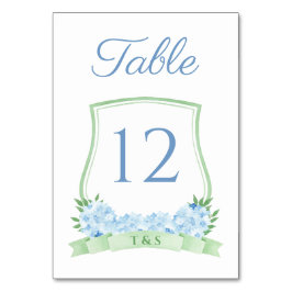 Tarjeta De Mesa Boda de Escudo de hidrangea azul y verde acuarela
