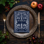 Tarjeta De Mesa Boda de espadas medievales Silver Blue Royal<br><div class="desc">Celebre su día especial con este diseño de Boda de espadas medievales. El Relieve metalizado sobre este tema NO es un verdadero Relieve metalizado. Los elementos se imprimen exactamente como aparecen en la pantalla cuando se agregan al carrito, por lo que se personaliza y se agrega cada número de tabla...</div>
