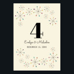 Tarjeta De Mesa Boda de estilo vintage moderno de medio siglo<br><div class="desc">Cree una hermosa y elegante tarjeta de número de tabla boda personalizada. Esta tarjeta presenta un divertido ambiente retro con un diseño de estilo moderno de mediados de siglo. Las formas coloridas de asterisco atómico o copo de nieve decoran la parte superior e inferior. Las formas de asterisco negro están...</div>