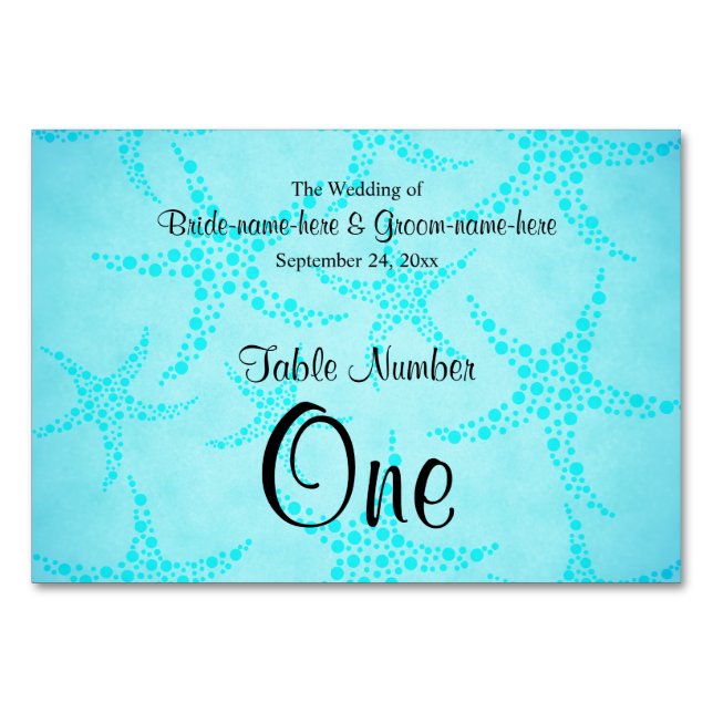 Tarjeta De Mesa Boda de estrella de mar acuática y turquesa. (Anverso)