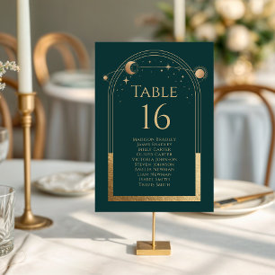 Tarjeta De Mesa Boda de estrellas de luna mística de oro verde