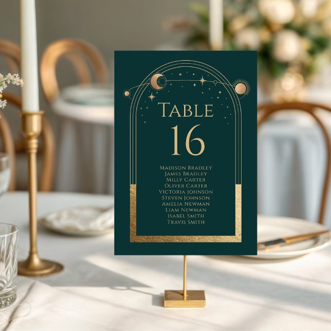 Tarjeta De Mesa Boda de estrellas de luna mística de oro verde (Subido por el creador)