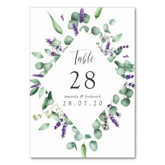 Tarjeta De Mesa Boda de eucalipto a la acuarela y verde de lavanda (Anverso)