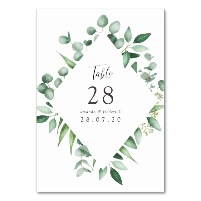 Tarjeta De Mesa Boda de eucalipto con acuarela verde (Anverso)