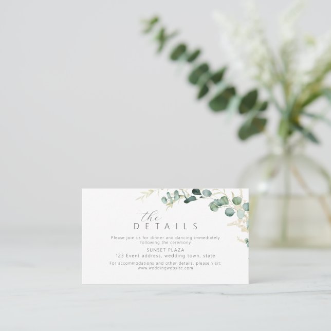 Tarjeta De Mesa Boda de eucalipto rústico verde boho detalles (Anverso de pie)