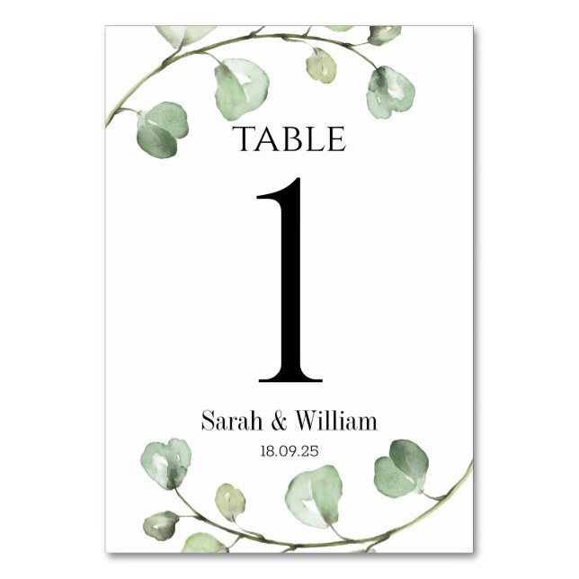 Tarjeta De Mesa Boda de eucalipto verde clásico (Anverso)