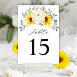 Tarjeta De Mesa Boda de Eucaliptos Florales de Marfil de Sunflower<br><div class="desc">El elegante número de la mesa boda floral floral de mitad de verano incluye un ramo de hidrangea de girasol acuarela y peonías en tonos amarillos, marfil, con hojas botánicas verdes y eucalipto. Encontrará más diseños y variaciones de mi tienda "blissweddingpaperie". Y no dudes en ponerte en contacto conmigo para...</div>