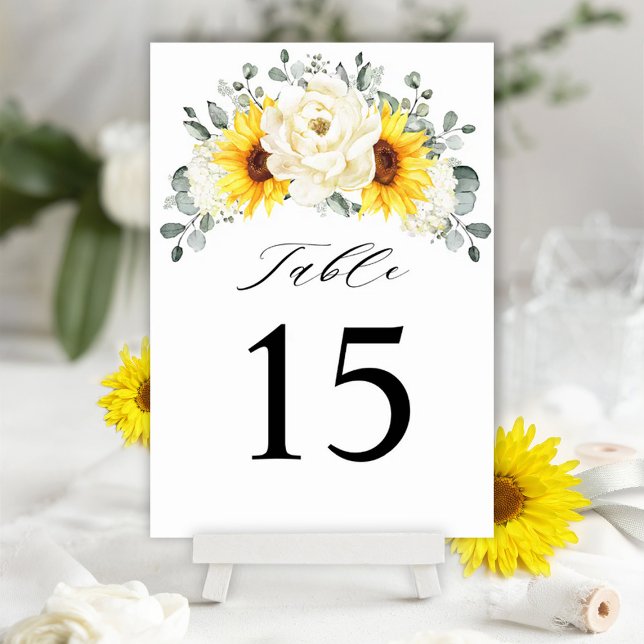Tarjeta De Mesa Boda de Eucaliptos Florales de Marfil de Sunflower (Yellow sunflower ivory peonies wedding theme.)
