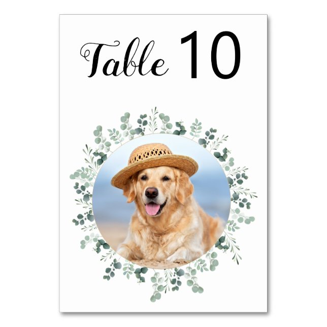 Tarjeta De Mesa Boda de Eucalyptus Greenery Modern Dog Photo Masco (Anverso)