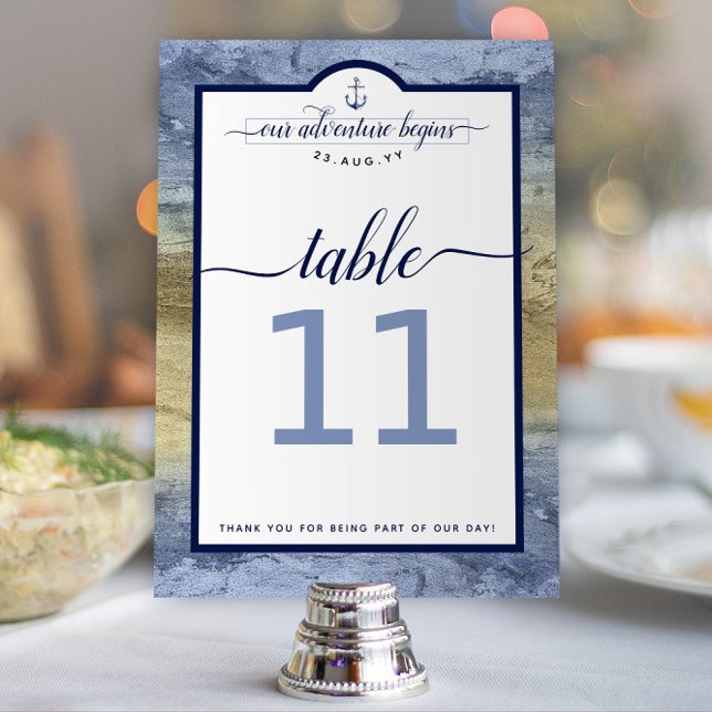 Tarjeta De Mesa Boda de evento de oro y azul acero naval (Steel Blue and Gold Nautical Wedding "Our Adventure Begins" Wedding Table Numbers)