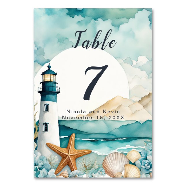 Tarjeta De Mesa Boda de faro náutico (Anverso)