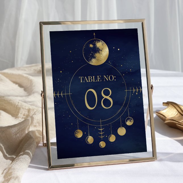 Tarjeta De Mesa Boda de Fases de la Luna de Oro Azul Celestial (Subido por el creador)