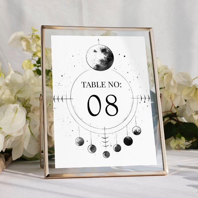 Tarjeta De Mesa Boda de Fases Lunares Negras y Blancas Celestiales (Subido por el creador)