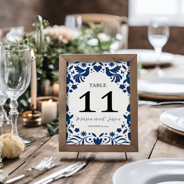 Tarjeta De Mesa Boda de Fiesta Elegante de Floral Azul Otomí (Mexican Otomi Blue Floral Elegant Fiesta Wedding Table Number)