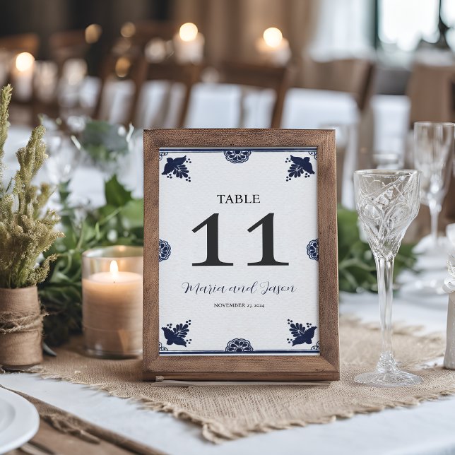 Tarjeta De Mesa Boda de Fiesta Sencillo Floral Azul Mexicano (Mexican Blue Floral Otomi Simple Fiesta Wedding Table Number)