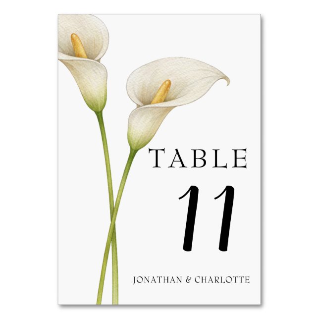 Tarjeta De Mesa Boda de Flor de Lirios de Calla Blancos Modernos (Anverso)