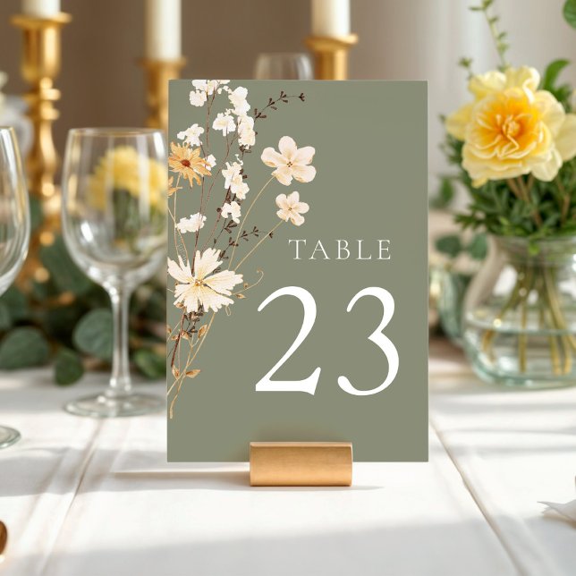 Tarjeta De Mesa Boda de Flor Silvestre Sage Green (Sage Green Elegant Wildflower Table Number)