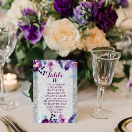 Tarjeta De Mesa Boda de Floral de Acuarela Púrpura y Brillo Platea