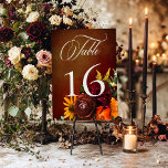 Tarjeta De Mesa Boda de Floral Oscuro Elegante Verano Sunset<br><div class="desc">¡Celebra el comienzo de tu eternidad con invitaciones tan impresionantes como la puesta de sol! Presentamos nuestra impresionante suite boda inspirada en la puesta de sol, adornada con un vibrante spray de flores realistas en tonos naranjas, amarillos, rojos y rosas, que reflejan perfectamente los colores de una pintoresca puesta de...</div>