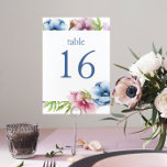 Tarjeta De Mesa Boda de flores anémónicas de color agua<br><div class="desc">Las tarjetas número de tabla de Boda de flores de color anémone presentan un elegante guión azul sobre un fondo blanco rodeado de hermosas flores anemónicas en rosa, lavanda, azul, violeta y con hojas verdes. El texto se puede personalizar editando los cuadros de texto. Diseñado por Evco Studio © en...</div>