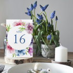 Tarjeta De Mesa Boda de flores anémónicas de color agua<br><div class="desc">Estas tarjetas de número de tabla presentan un elegante guión azul sobre un fondo blanco rodeado de hermosas flores anemónicas en rosa,  lavanda,  azul,  violeta y con hojas verdes. El texto se puede personalizar editando los cuadros de texto. Diseñado por Evco Studio © en www.zazzle.com/store/evcostudio</div>