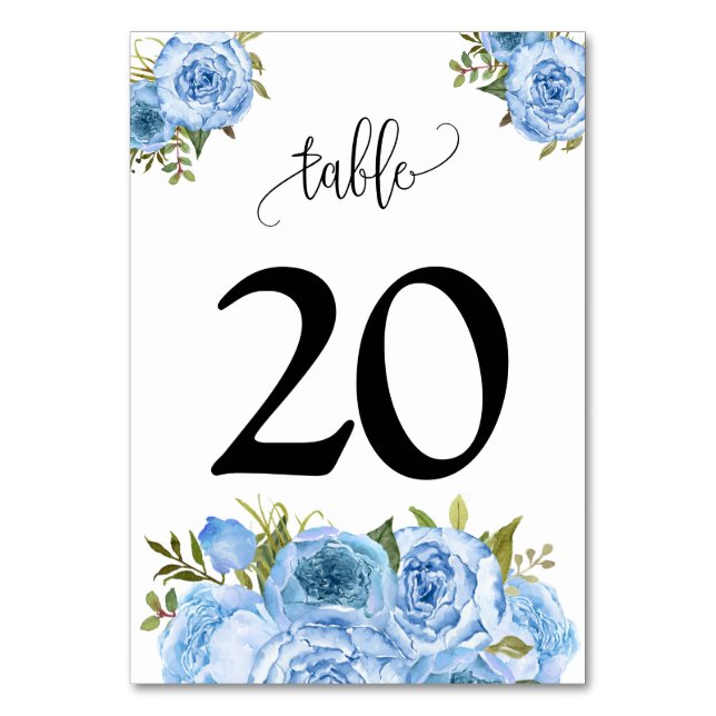 Tarjeta De Mesa Boda de Flores Azules (Anverso)