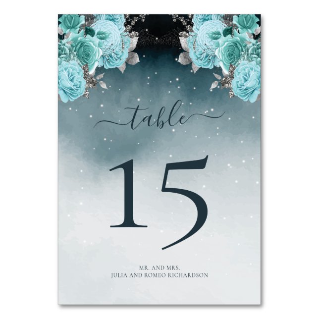 Tarjeta De Mesa Boda de flores azules de lujo (Anverso)