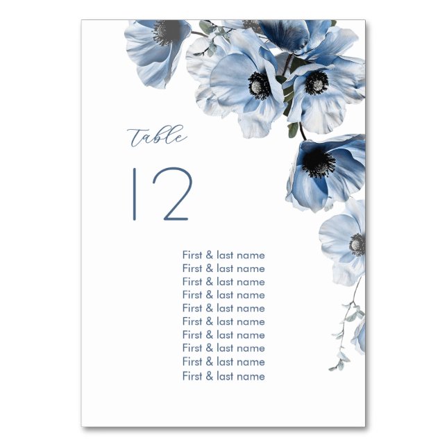 Tarjeta De Mesa Boda de flores azules delicadas (Anverso)