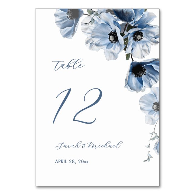 Tarjeta De Mesa Boda de flores azules delicadas (Anverso)