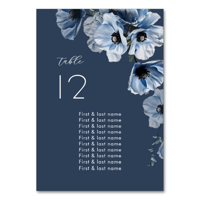 Tarjeta De Mesa Boda de flores azules delicadas (Anverso)