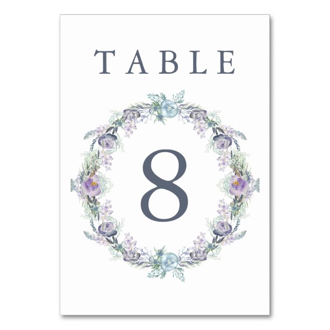 Tarjeta De Mesa Boda de flores azules y moradas (Anverso)