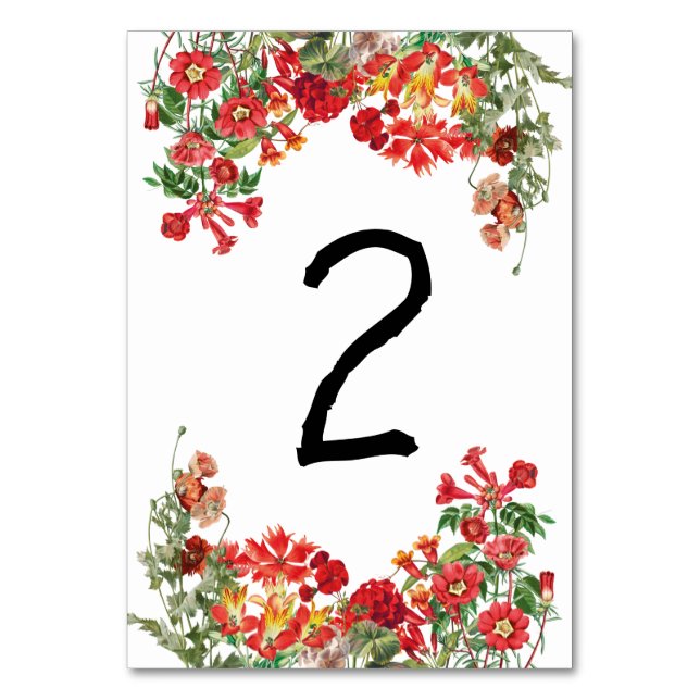 Tarjeta De Mesa Boda de Flores Botánicas del Jardín Rojo Floral (Anverso)