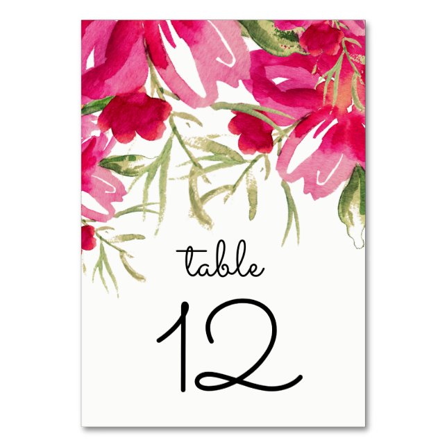 Tarjeta De Mesa Boda de flores de fucsia de acuarela (Anverso)