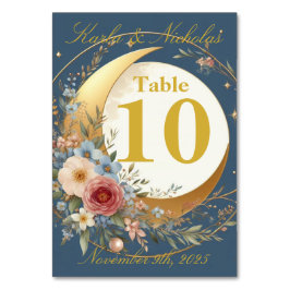 Tarjeta De Mesa Boda de flores de luna azules y doradas