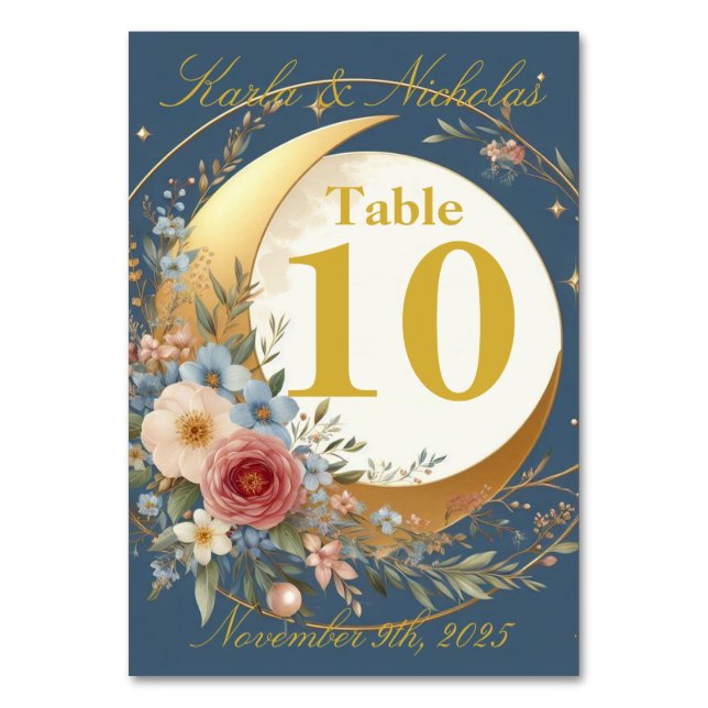Tarjeta De Mesa Boda de flores de luna azules y doradas (Anverso)