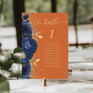 Tarjeta De Mesa Boda de flores doradas azul marino y naranja quema