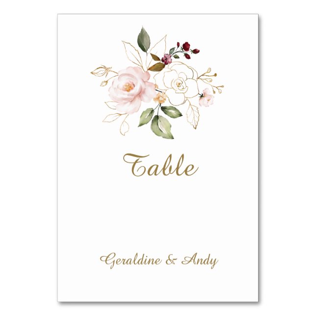 Tarjeta De Mesa Boda de flores doradas rosadas elegantes (Anverso)
