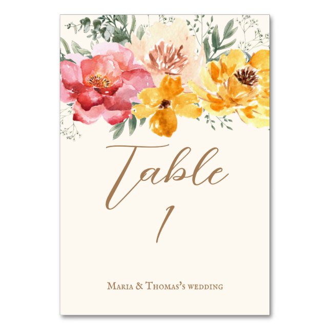 Tarjeta De Mesa Boda de flores florales de otoño con escritura ele (Anverso)