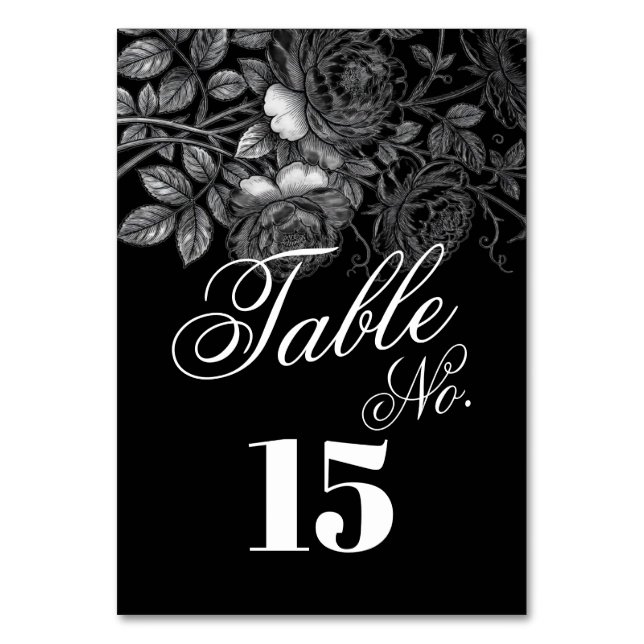 Tarjeta De Mesa Boda de flores monocromáticas góticas en blanco y  (Anverso)