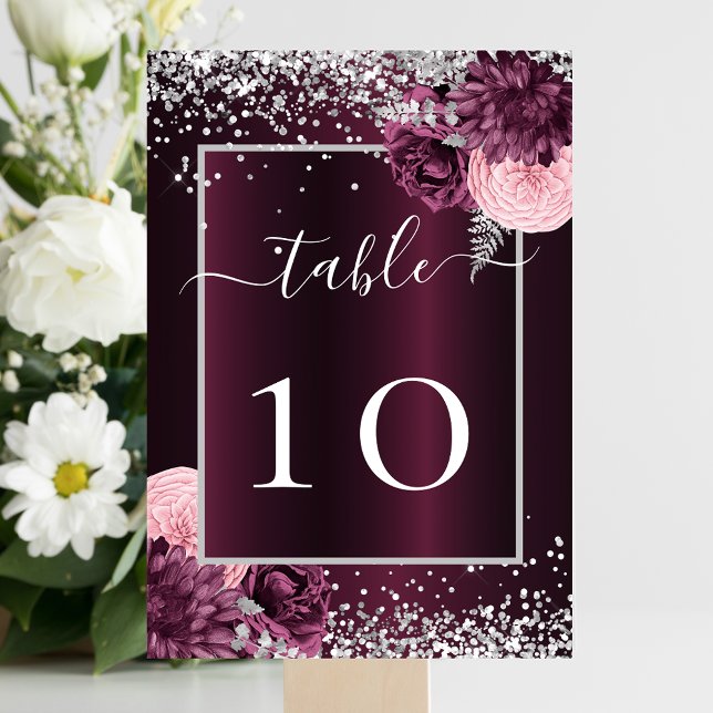Tarjeta De Mesa Boda de flores plateadas de Borgoña (Subido por el creador)
