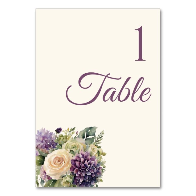 Tarjeta De Mesa Boda de flores púrpura acuarela - (Anverso)