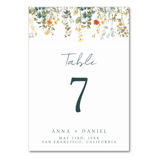 Tarjeta De Mesa Boda de flores silvestres (Anverso)