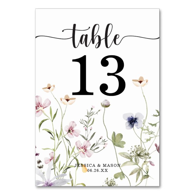 Tarjeta De Mesa Boda de flores silvestres números de tabla de dobl (Anverso)