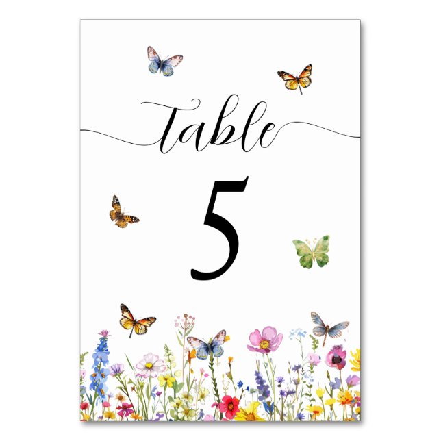 Tarjeta De Mesa Boda de flores silvestres y mariposas (Anverso)