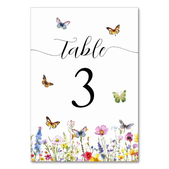 Tarjeta De Mesa Boda de flores silvestres y mariposas (Anverso)