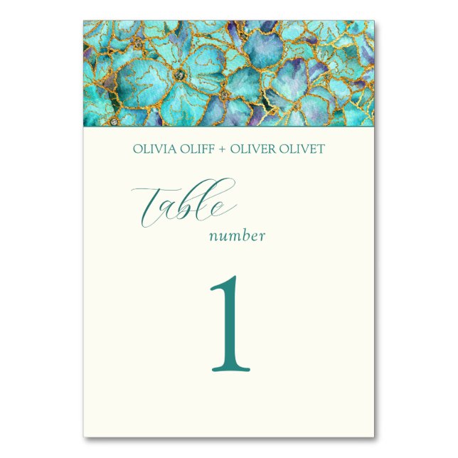 Tarjeta De Mesa Boda de flores turquesas (Anverso)