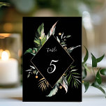 Tarjeta De Mesa Boda de follaje tropical salvaje negro<br><div class="desc">Esta tarjeta boda de número de mesa incluye hojas de palmera acuáticas,  hojas de plátano,  hojas tropicales exóticas y hojas de oro falsas con un marco de forma de diamante de oro falso. Es perfecto para una boda tropical,  playa,  verano o destino.</div>