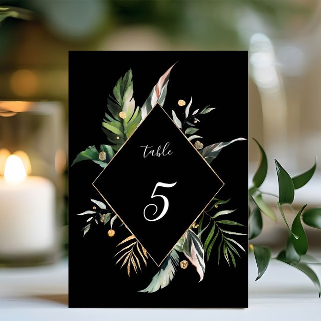 Tarjeta De Mesa Boda de follaje tropical salvaje negro (Subido por el creador)