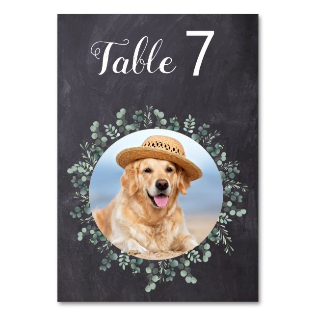 Tarjeta De Mesa Boda de foto de perro de Eucalyptus Chalkboard Rús (Anverso)