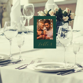 Tarjeta De Mesa Boda De Fotografía De Oro Y Verde Casado